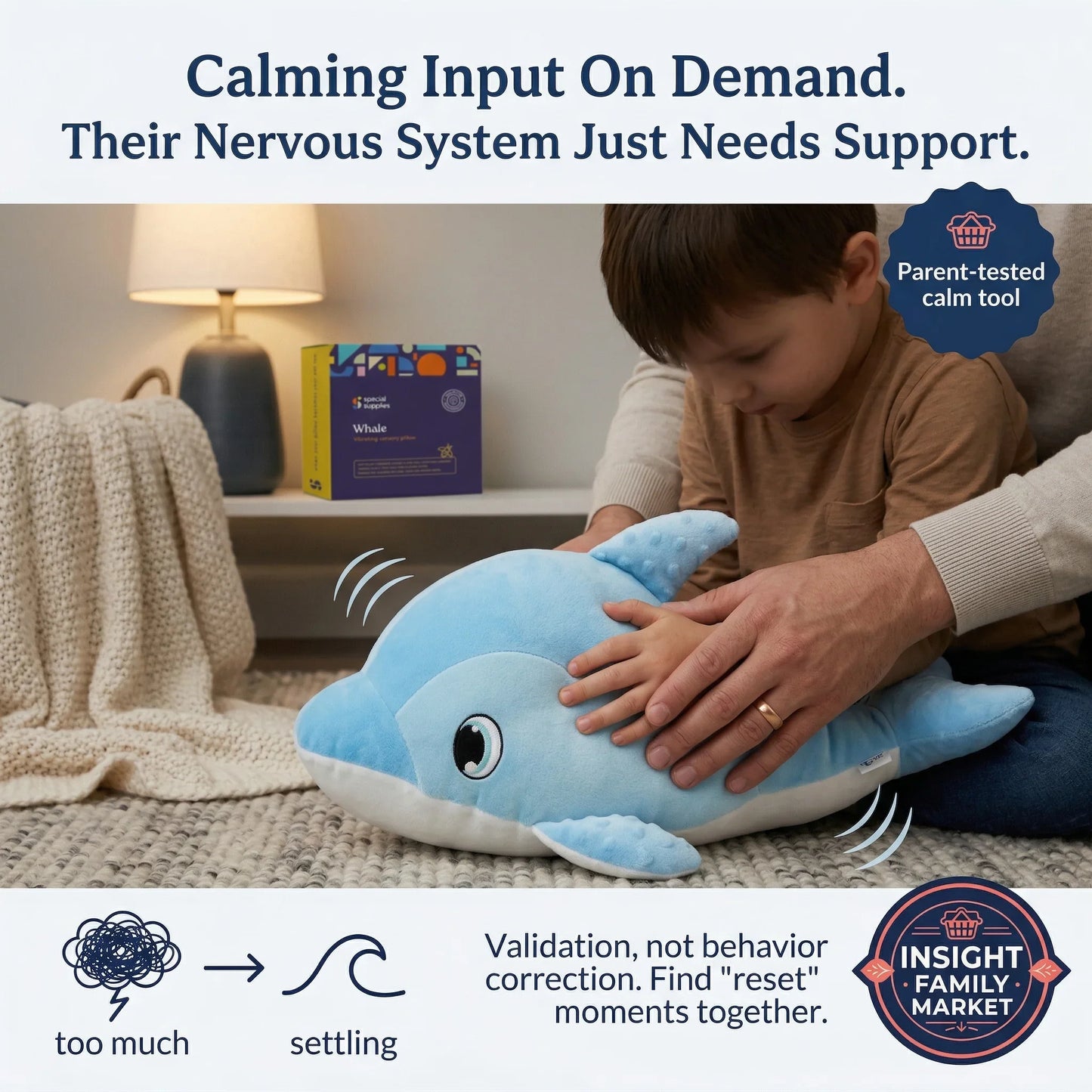 Child holding a blue plush toy with a parent, in a room setting, promoting calming tools for children's nervous system.