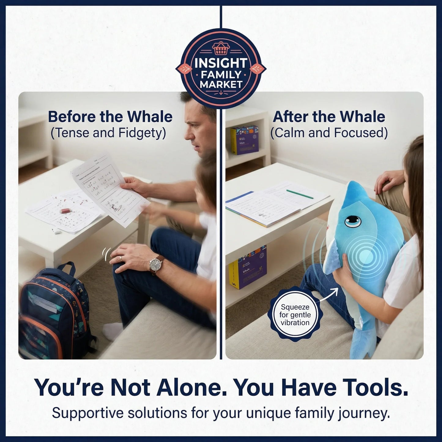 Before and after comparison of a child with a fidgety habit using a whale-shaped toy for support.