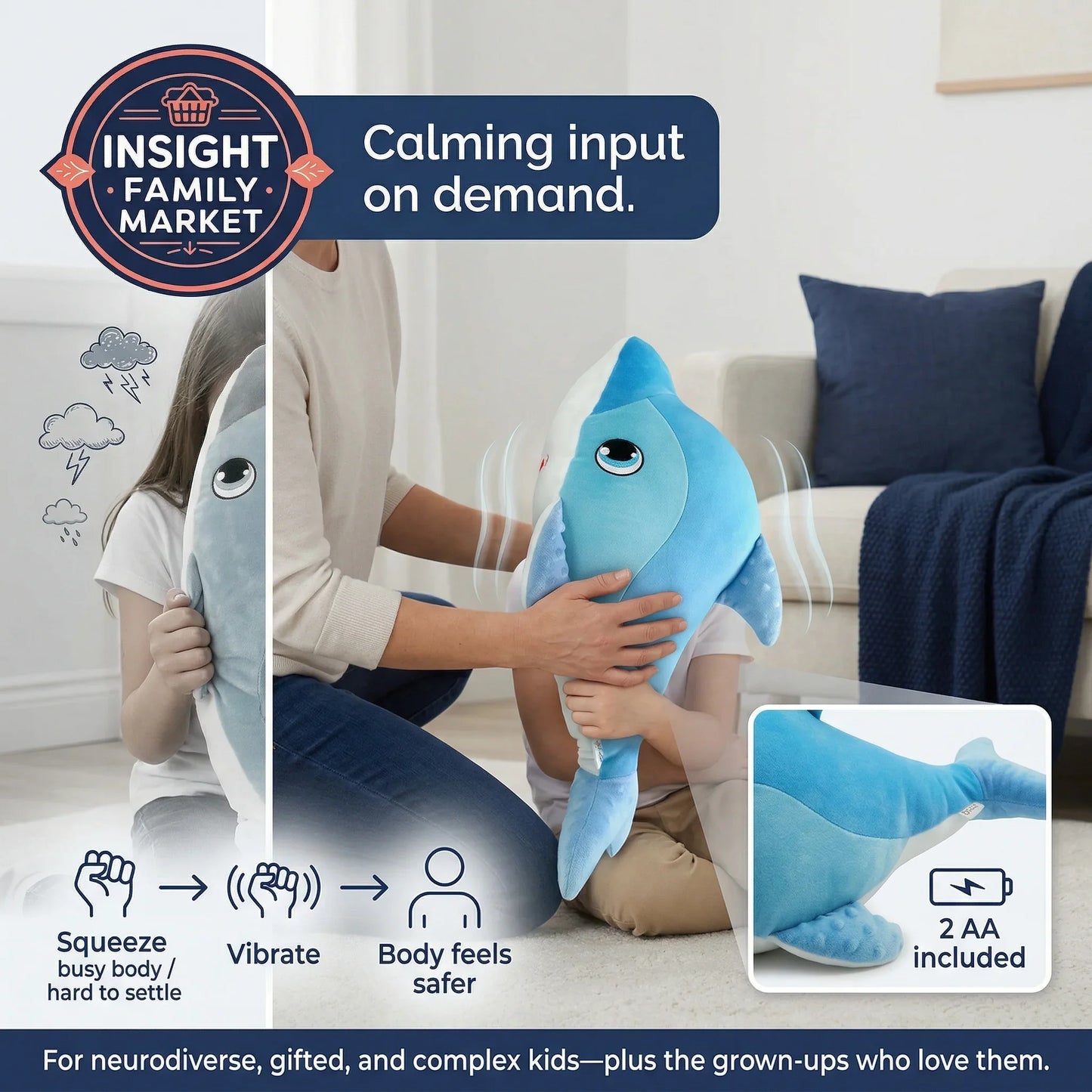 Children holding blue and gray plush toys with text about calming input on demand.