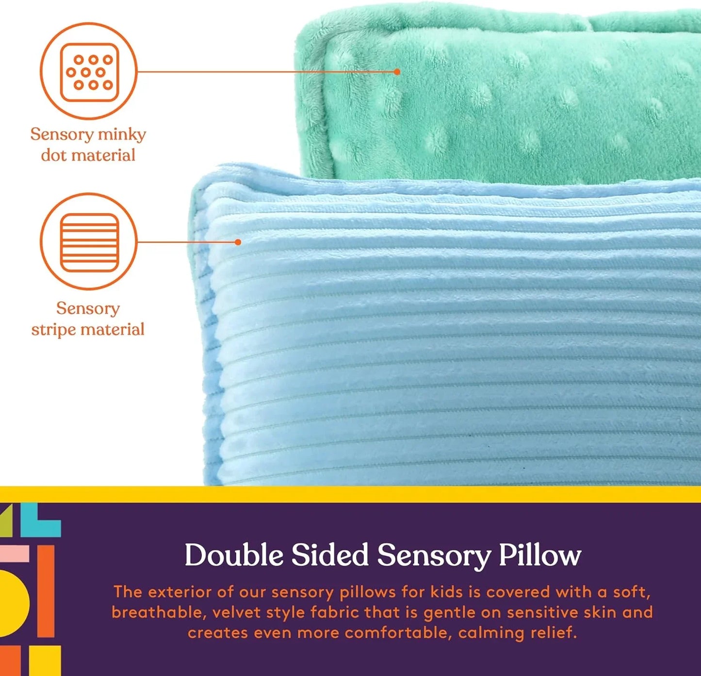 Double sided sensory pillow with blue striped and green minky dot textured fabrics for kids.