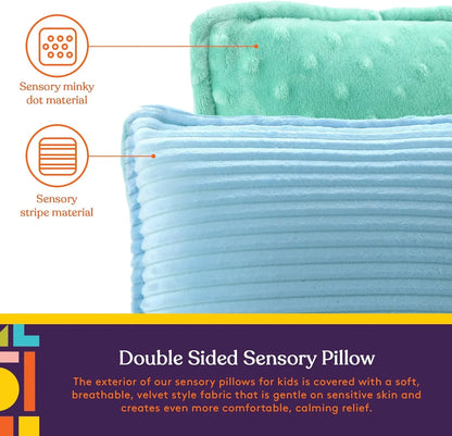 Double sided sensory pillow with blue striped and green minky dot textured fabrics for kids.