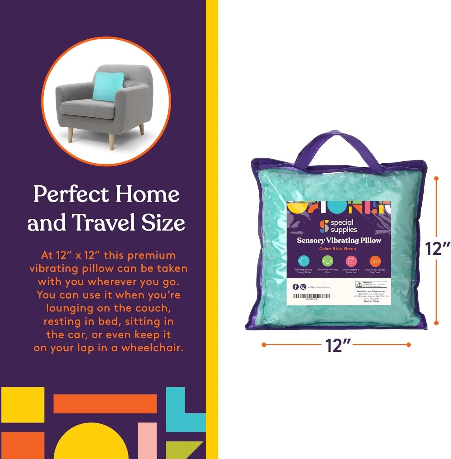 Blue green sensory vibrating pillow 12x12 inches with travel handle, ideal for sensory support.