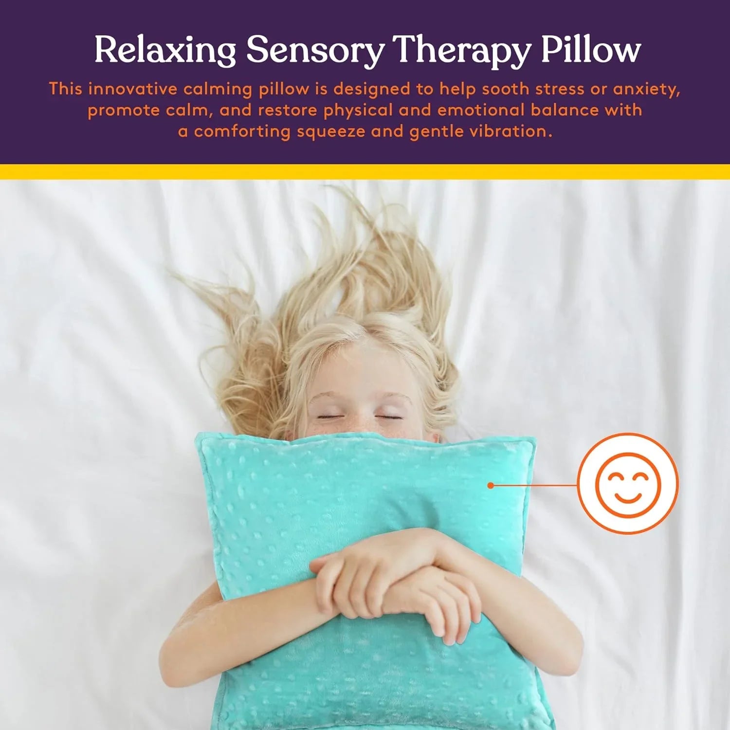 Child hugging a turquoise sensory therapy pillow, promoting calm and relaxation support.