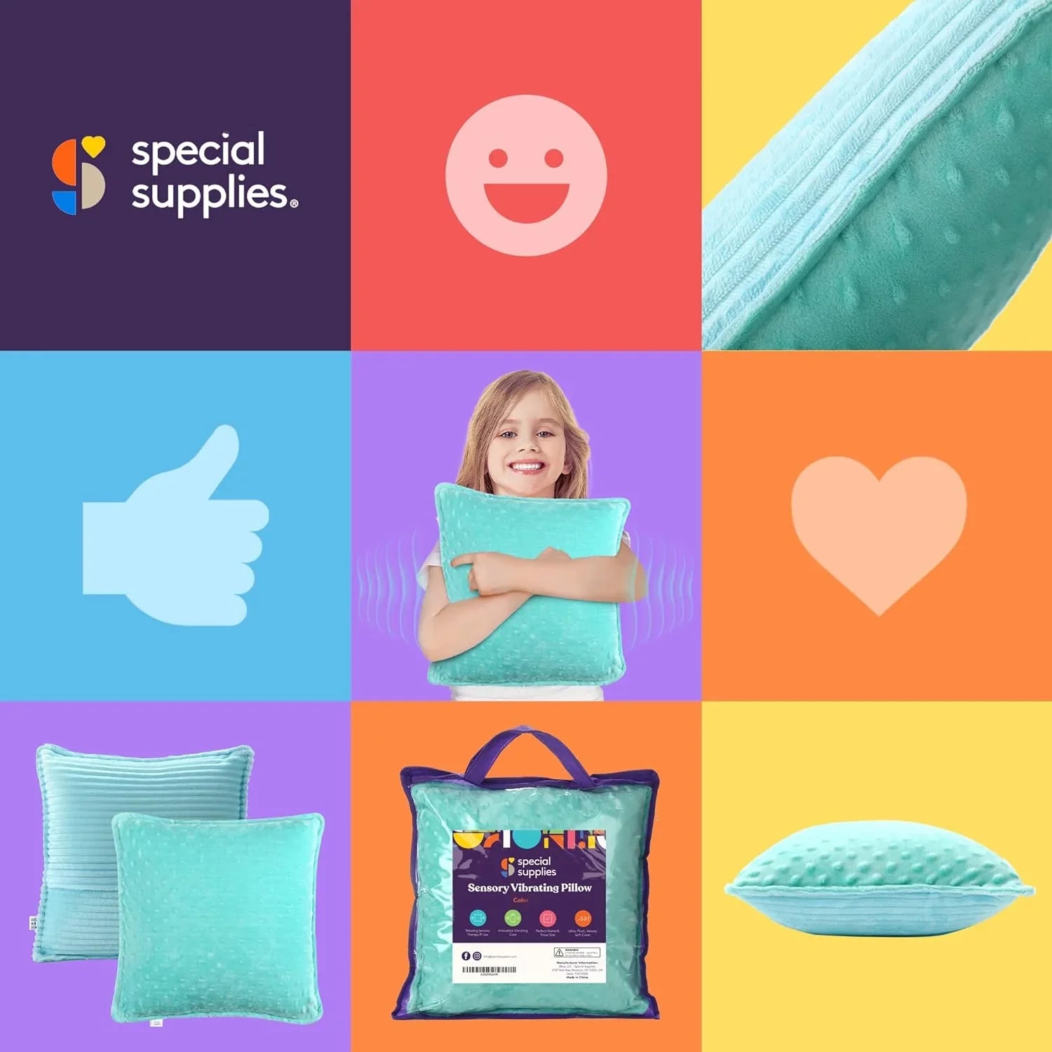 Child hugging aqua sensory vibrating pillow, textured fabric, calming sensory product