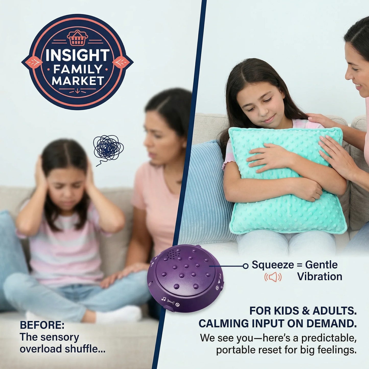 Woman and child with a sensory cushion, with text about the product's use and features.