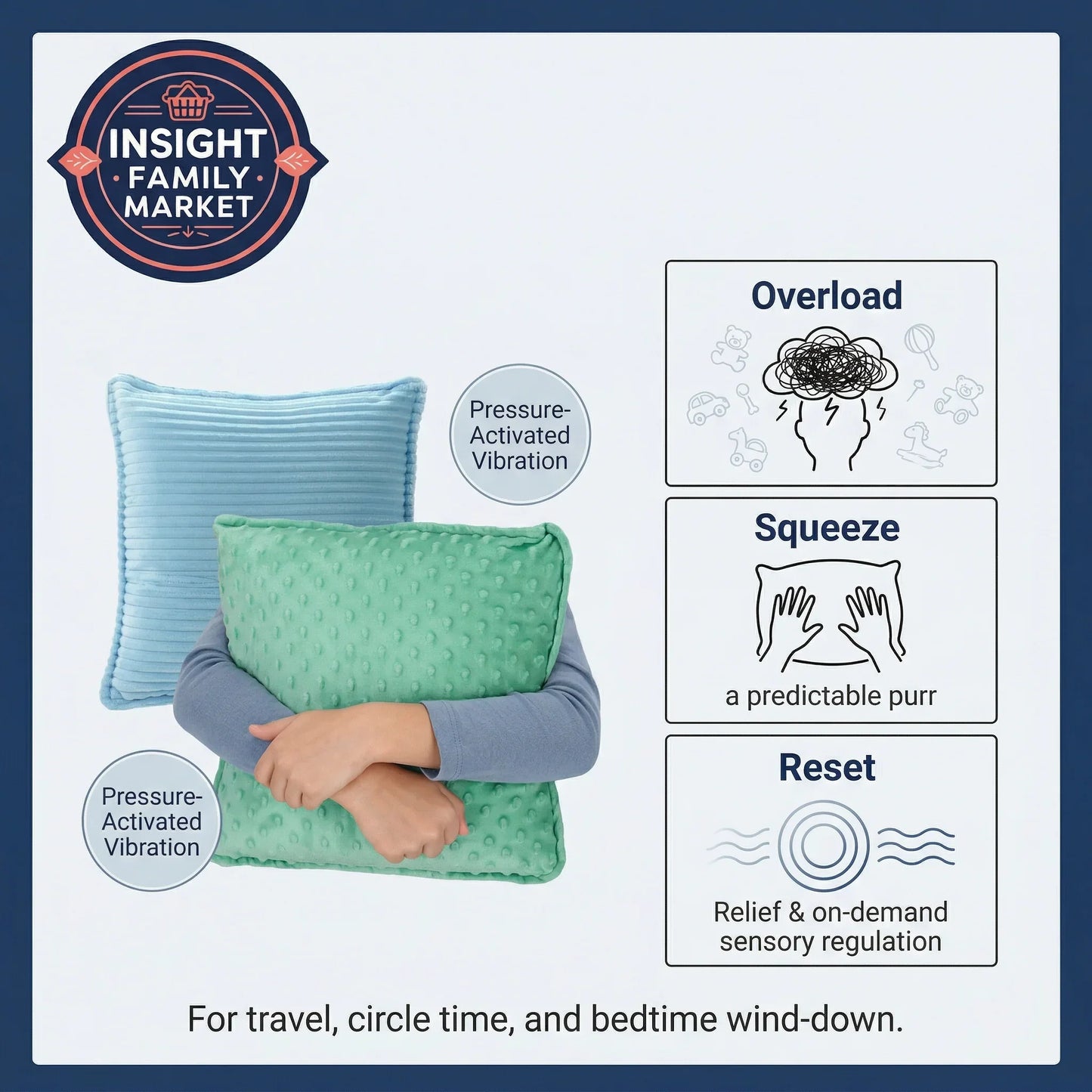 Two pillows with pressure-activated vibration, labeled for travel, circle time, and bedtime wind-down.