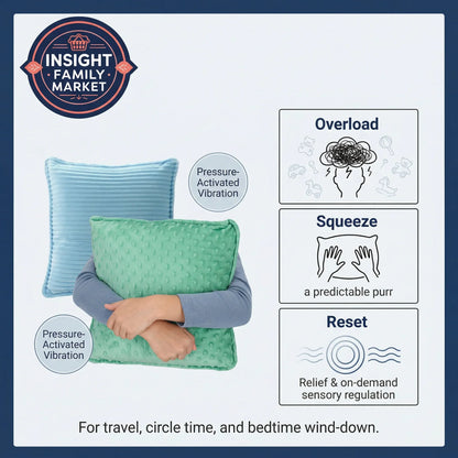 Two pillows with pressure-activated vibration, labeled for travel, circle time, and bedtime wind-down.