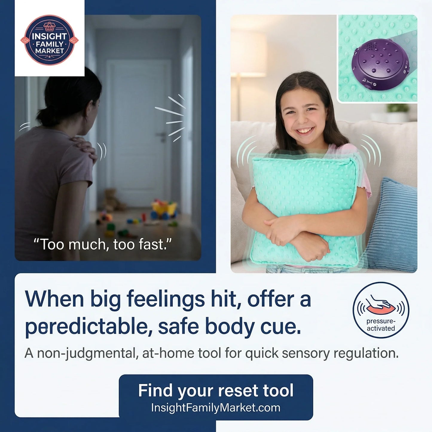 Advertisement for a sensory regulation tool with a child holding a pillow and a person in a room with toys.