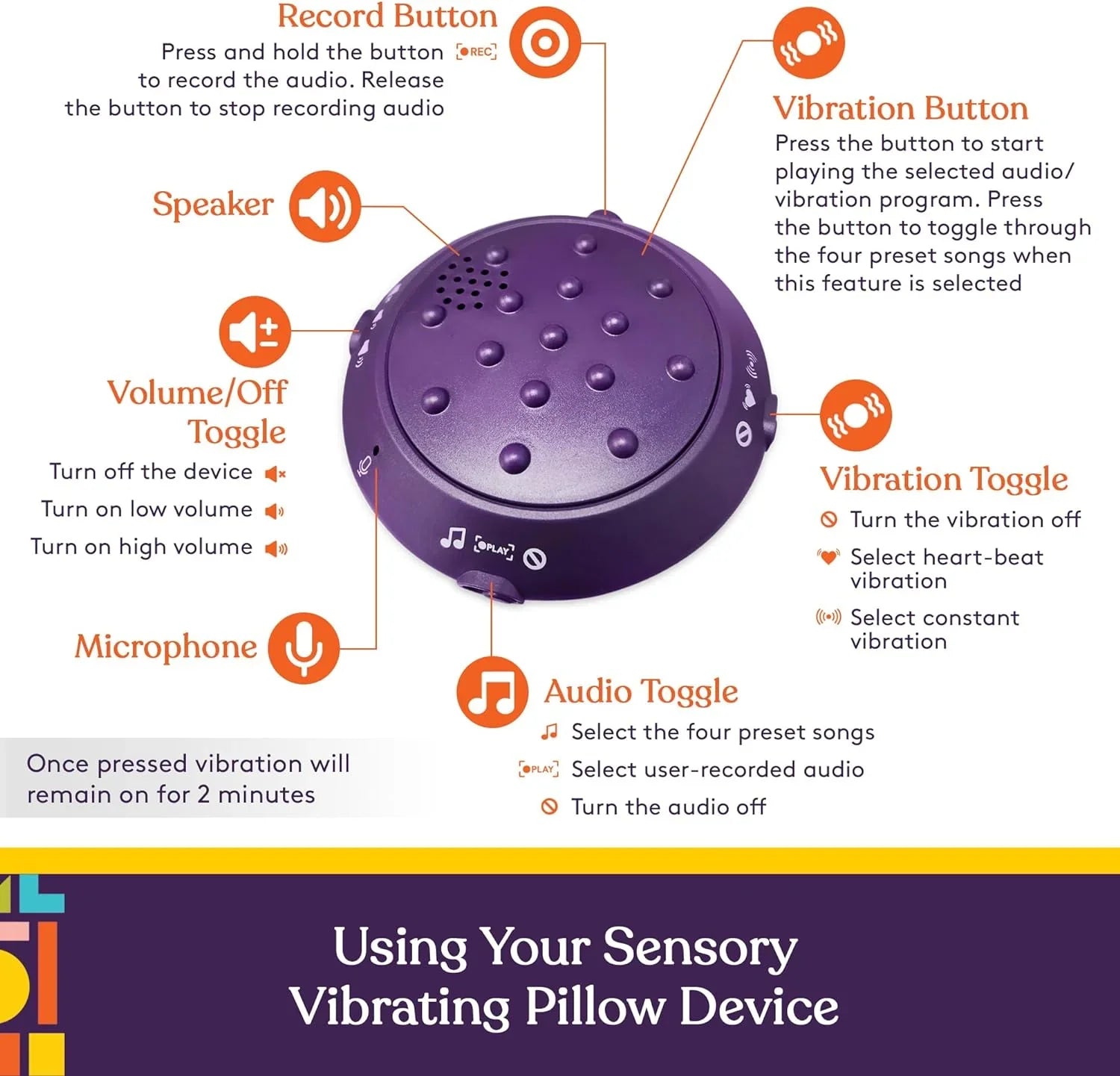 Purple sensory vibrating pillow device with labeled buttons for volume, audio, vibration, and recording.