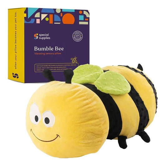 Plush bumble bee vibrating sensory pillow for kids, with product box in background