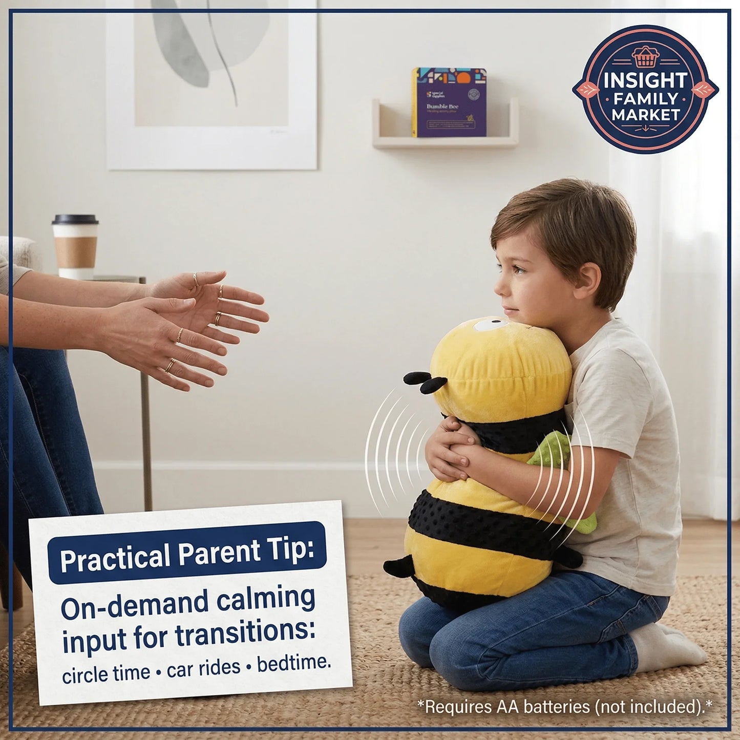 Child holding a sensory-friendly bee plush for calming support during transitions at home