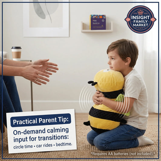 Child holding a sensory-friendly bee plush for calming support during transitions at home