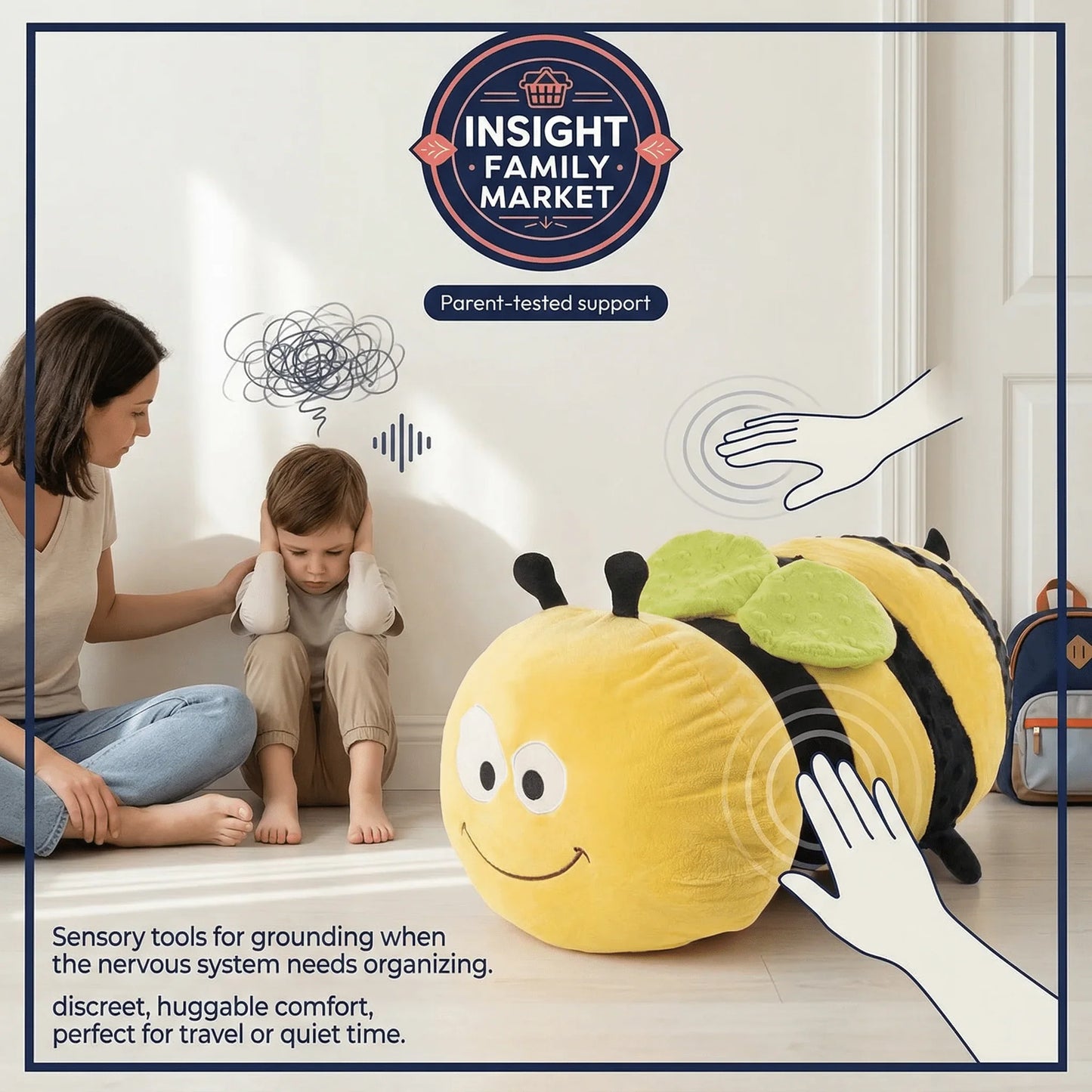 Sensory grounding tool, plush bee pillow, child comfort support, sensory-friendly environment.