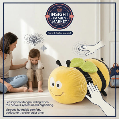 Sensory grounding tool, plush bee pillow, child comfort support, sensory-friendly environment.