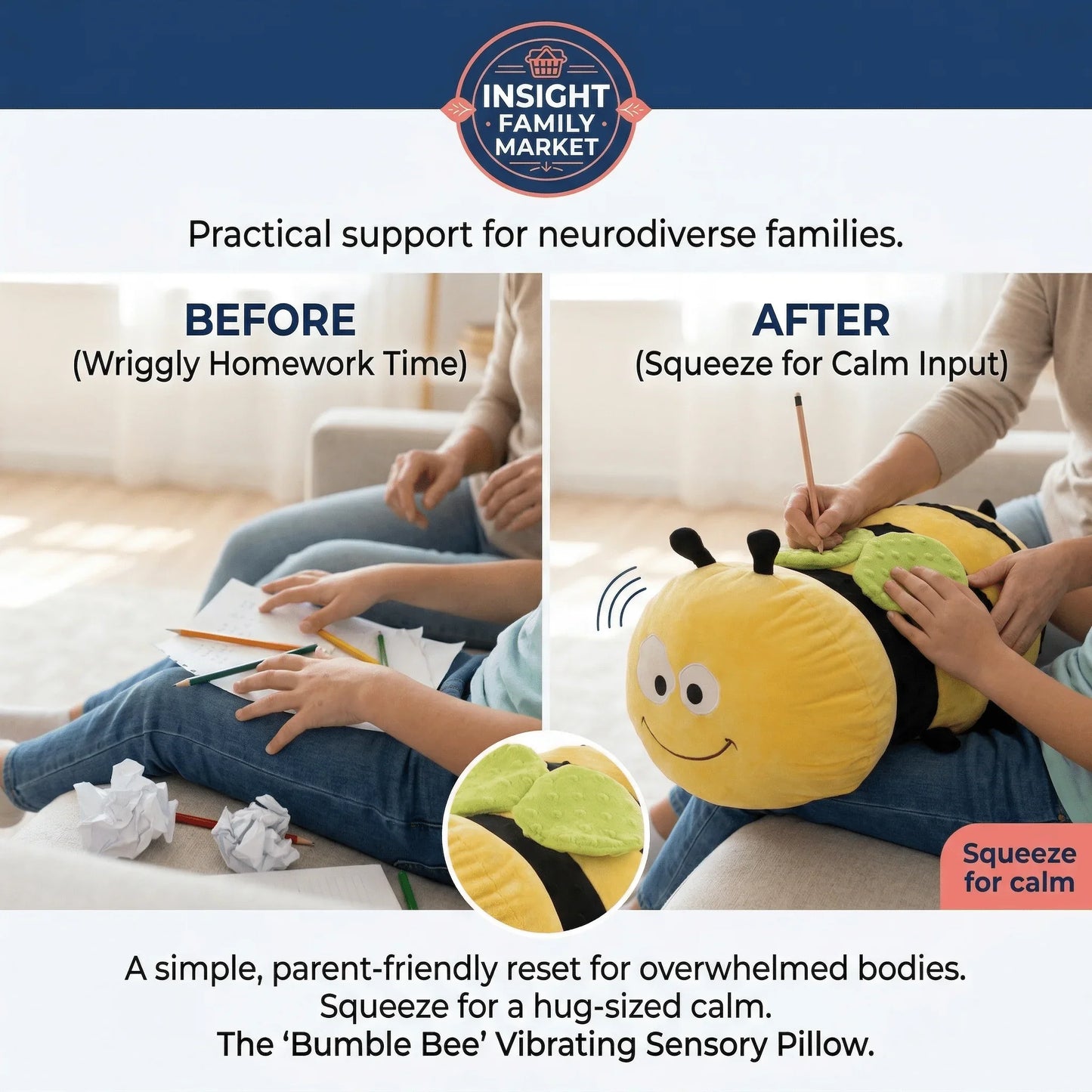 Child squeezing bumble bee vibrating sensory pillow for calming support during homework time.