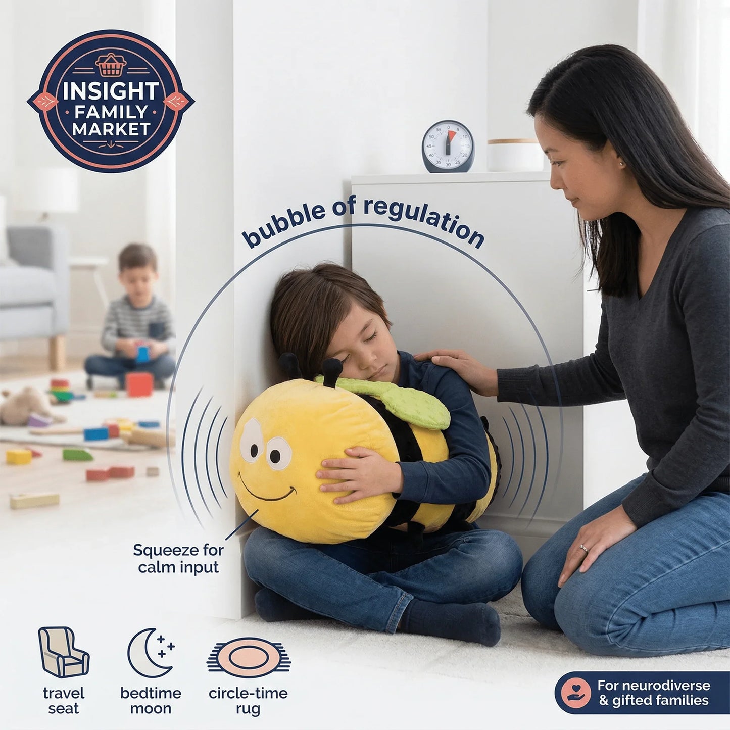 Child hugging bumble bee sensory pillow for calm input with supportive adult nearby in playroom.