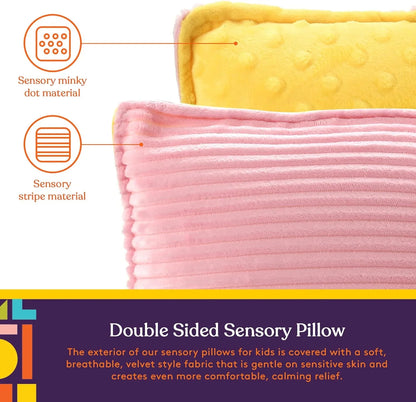Double sided sensory pillow with yellow minky dot and pink stripe textures for kids.