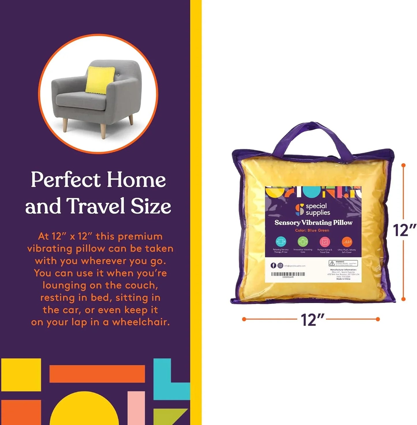 Yellow sensory vibrating pillow, 12x12 inches, for home or travel, shown on chair and in packaging.