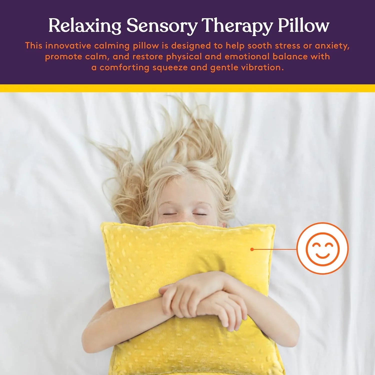 Child resting with yellow sensory therapy pillow for calming and stress relief