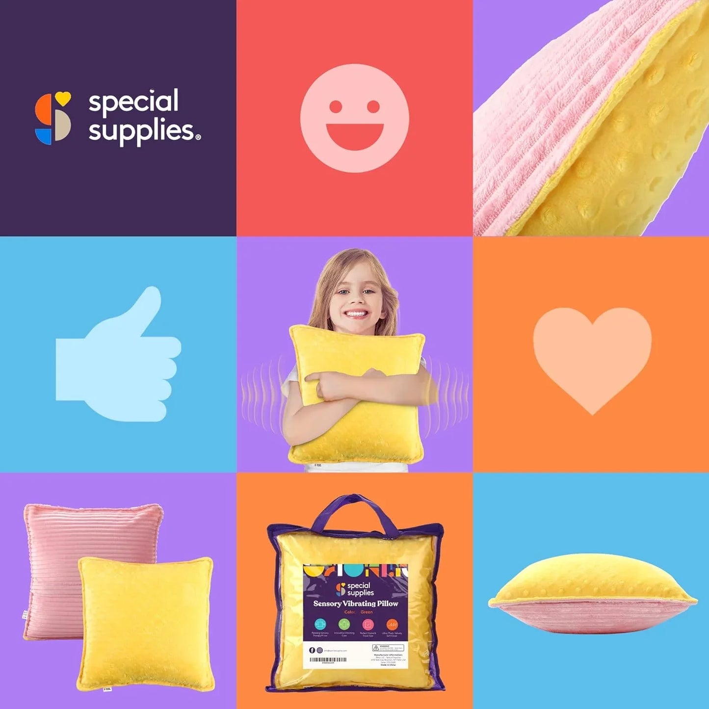 Sensory vibrating pillow for kids, soft yellow and pink texture, child hugging cushion, autism and sensory support product.