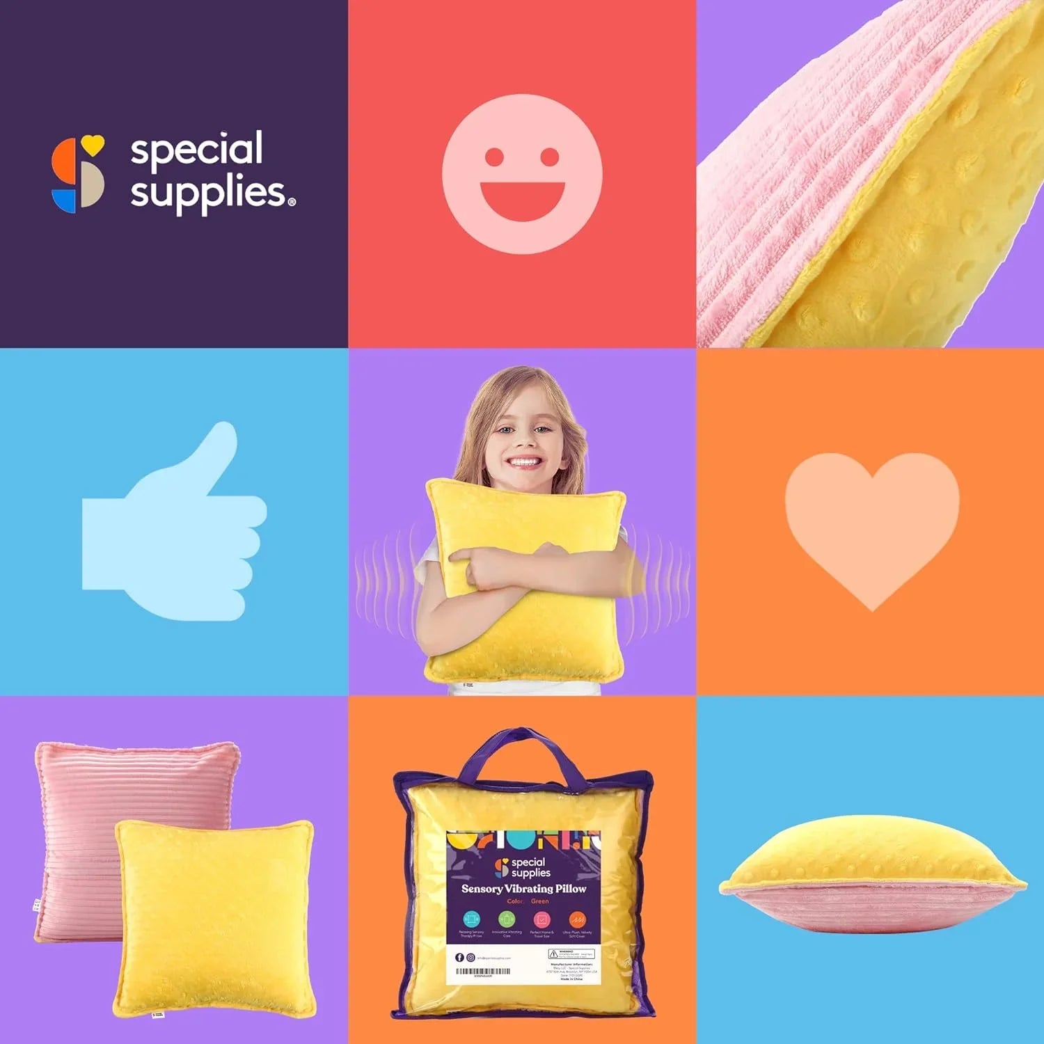 Sensory vibrating pillow for kids, soft yellow and pink texture, child hugging cushion, autism and sensory support product.