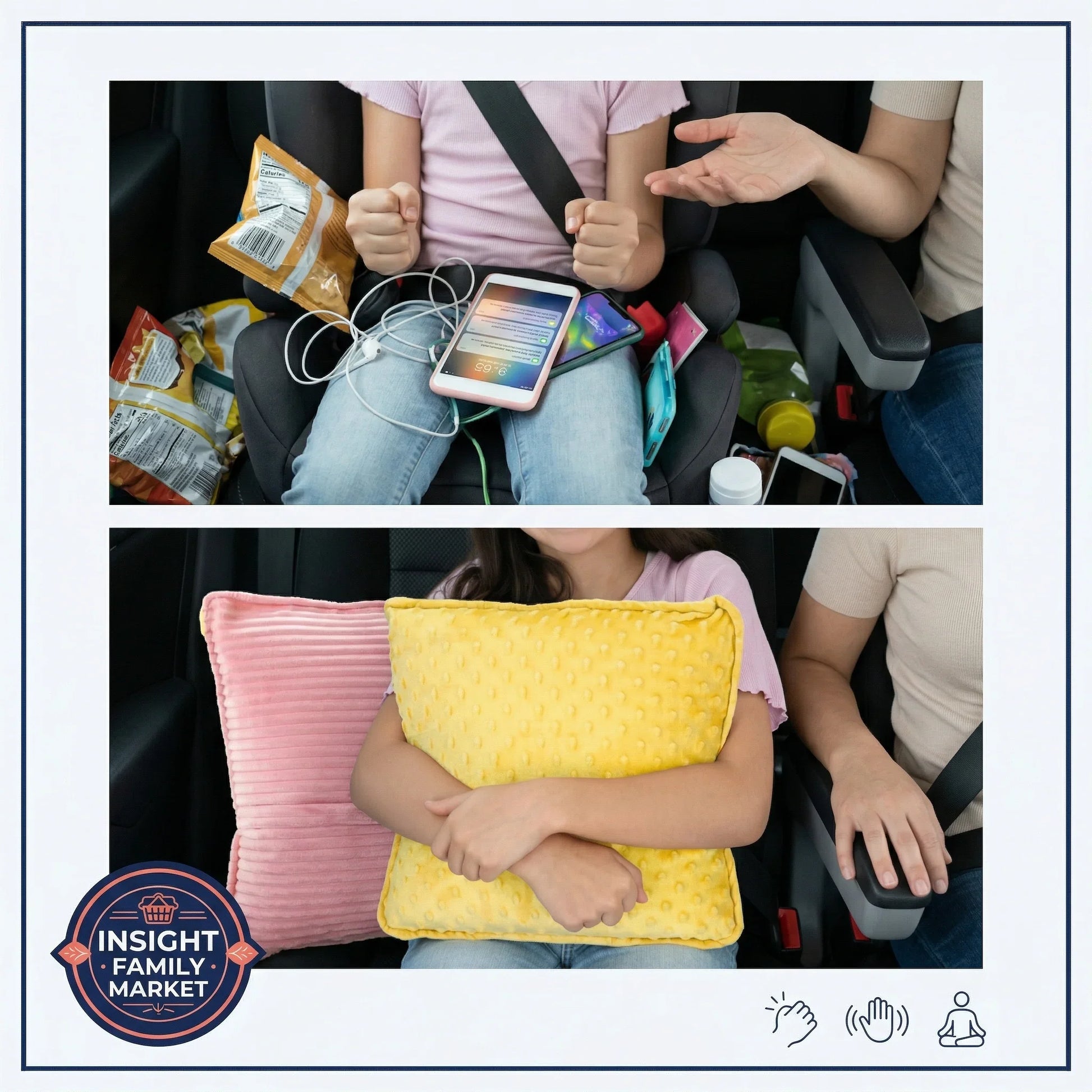 Child in a car seat with a tablet, snacks, and a yellow and pink pillow.