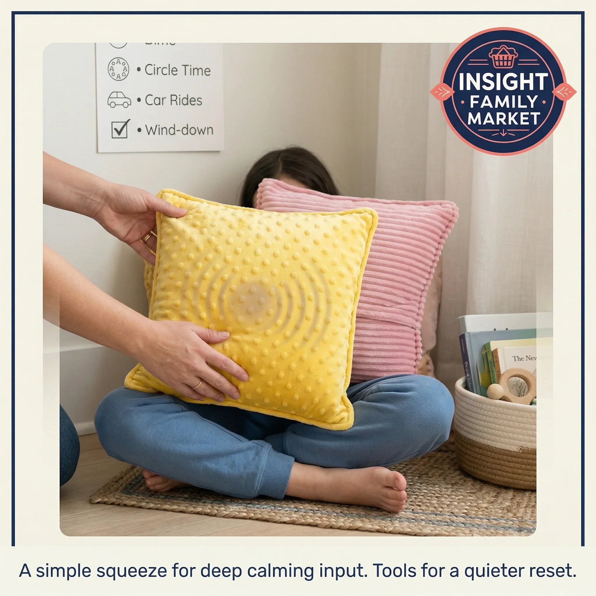Person sitting on the floor with a yellow pillow, surrounded by books and toys, with 'Insight Family Market' logo.