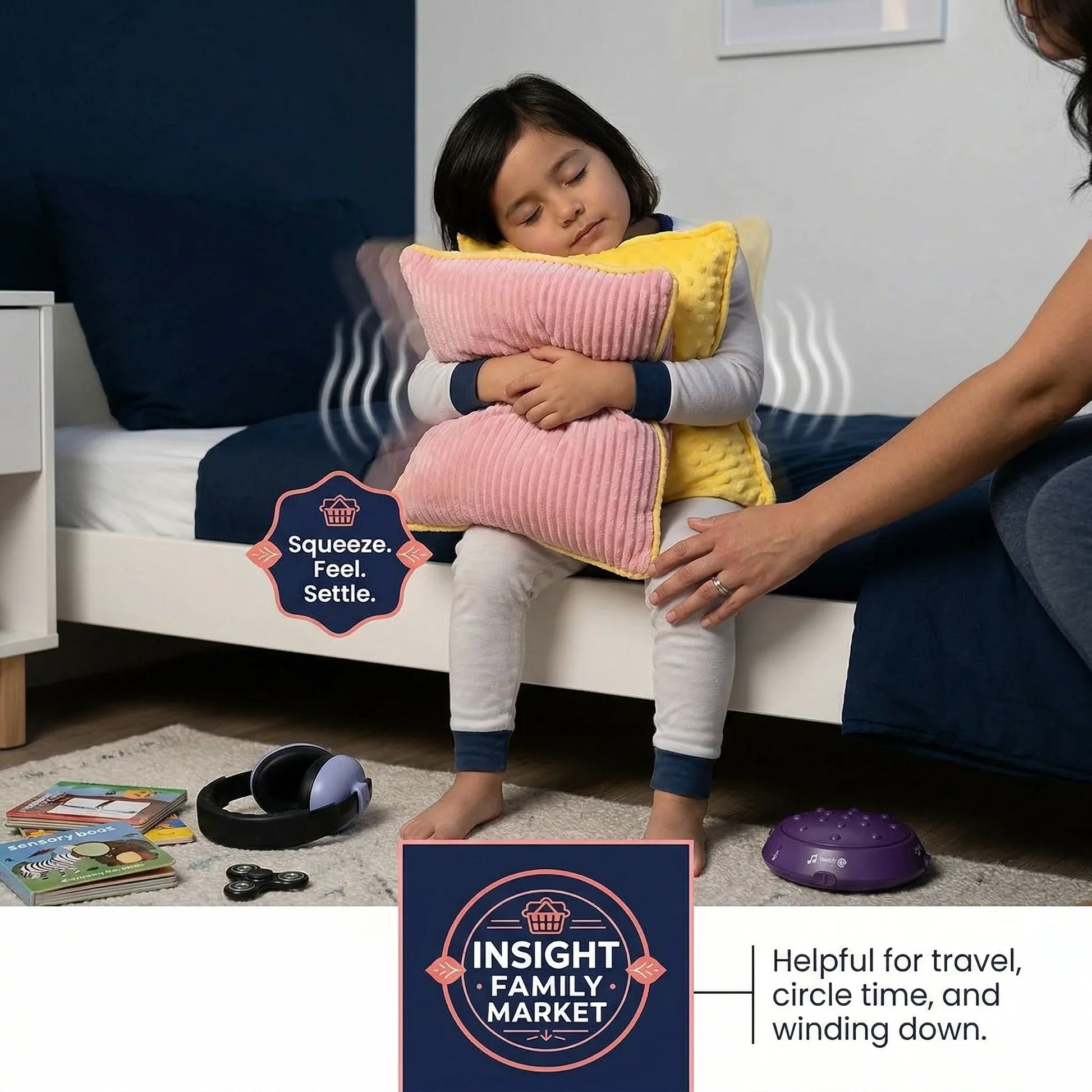 Child holding a pink pillow with an adult beside them, in a bedroom setting.