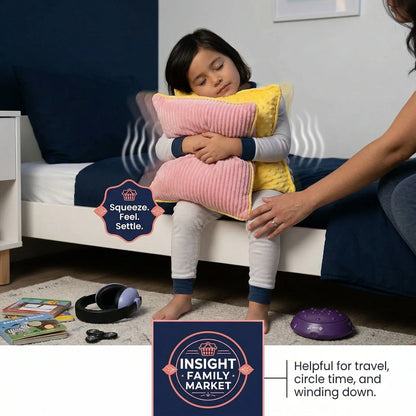 Child holding a pink pillow with an adult beside them, in a bedroom setting.