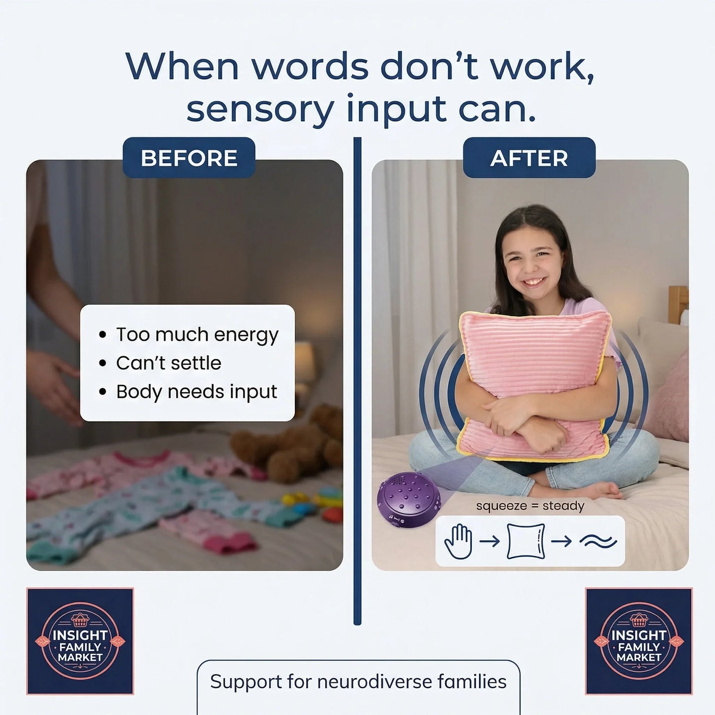 Before and after comparison of a child with sensory needs, showing a product to help manage energy levels.
