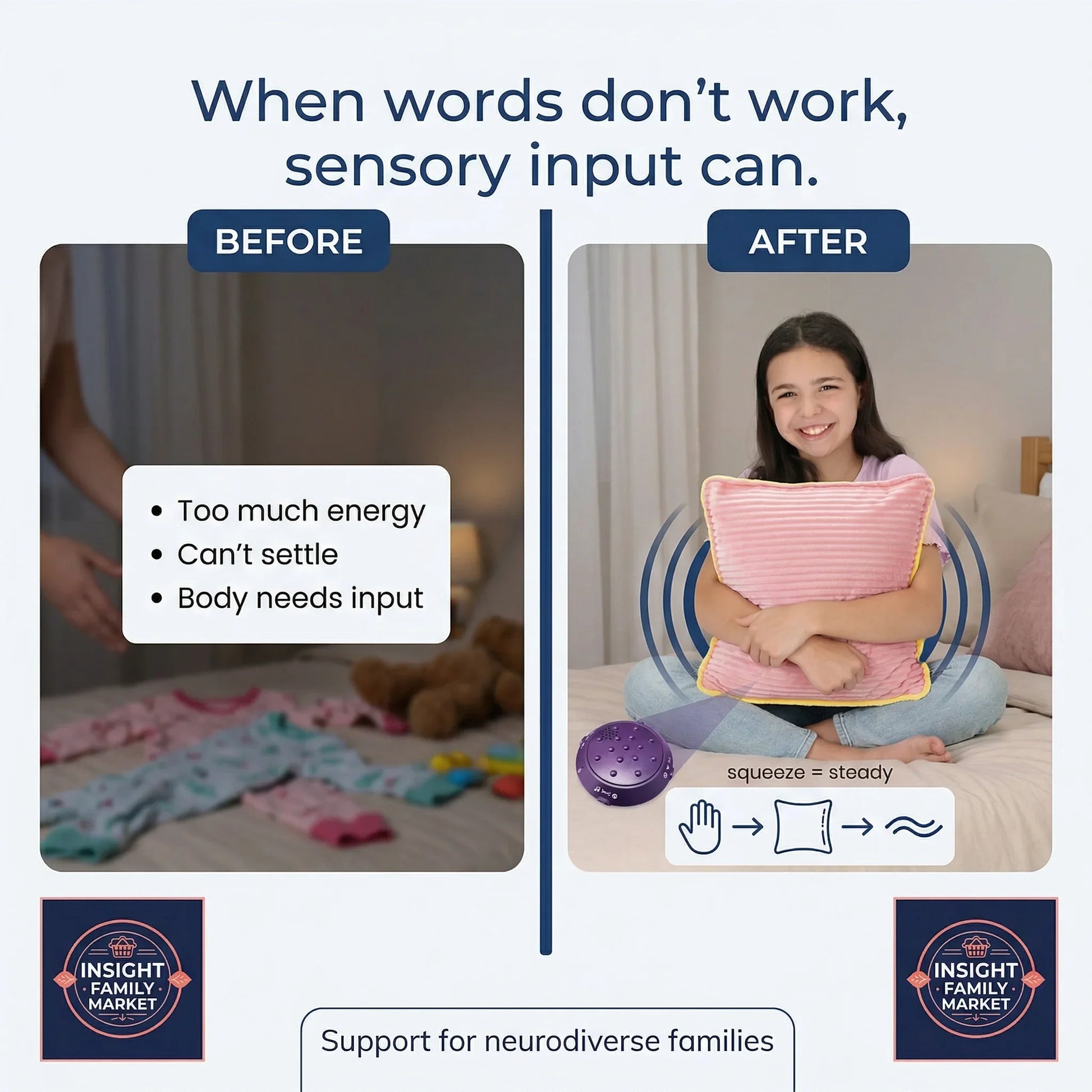 Before and after comparison of a child with sensory needs, showing a product to help manage energy levels.