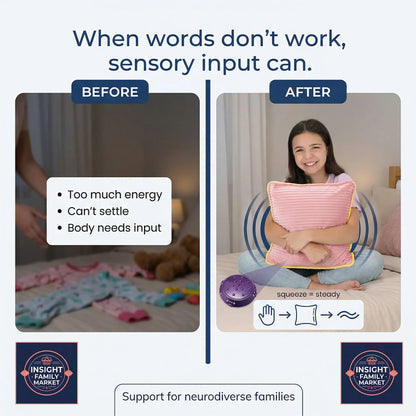 Before and after comparison of a child with sensory needs, showing a product to help manage energy levels.