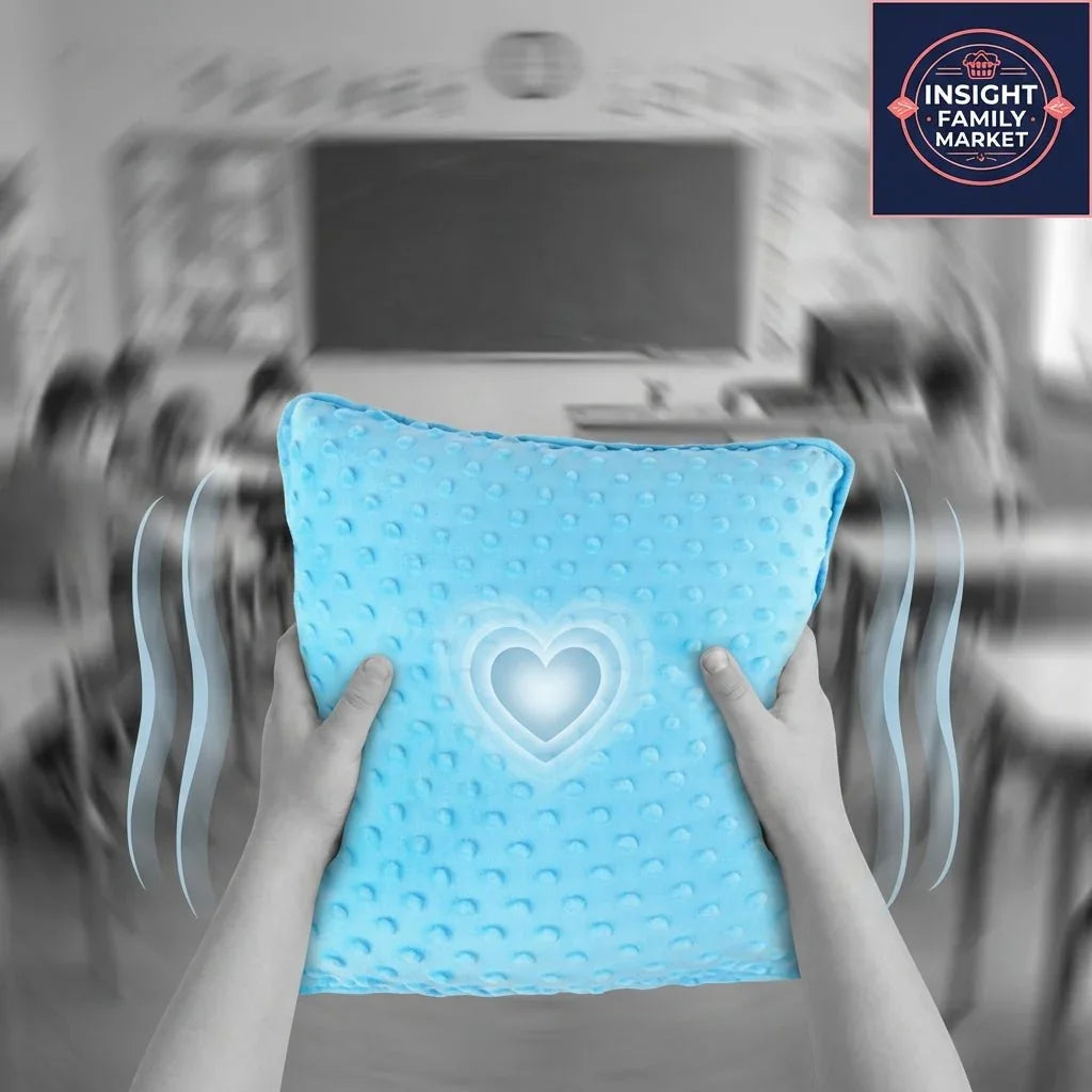 Child holding a blue sensory pillow in a blurred classroom, calming heart icon on cushion