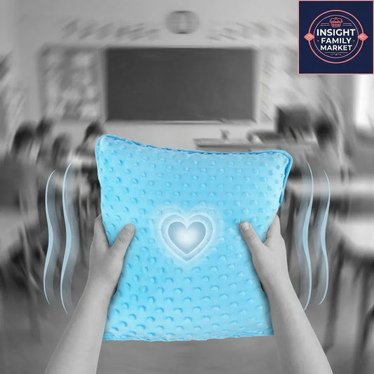 Child holding a blue sensory pillow in a blurred classroom, calming heart icon on cushion