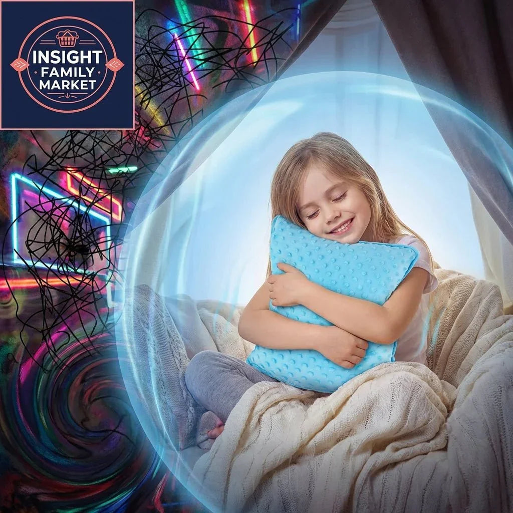 Smiling child hugging a blue sensory pillow in a cozy, calming sensory-friendly space