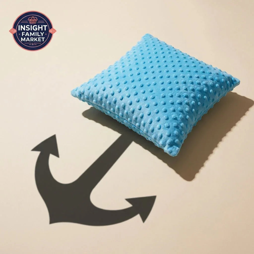 Light blue sensory pillow with textured bumps casting an anchor-shaped shadow on beige background