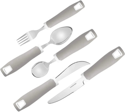 Adaptive utensil set with wide gray handles, including fork, knife, and two spoons.