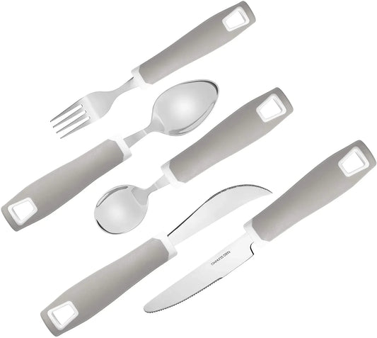 Adaptive utensil set with wide gray handles, including fork, knife, and two spoons.