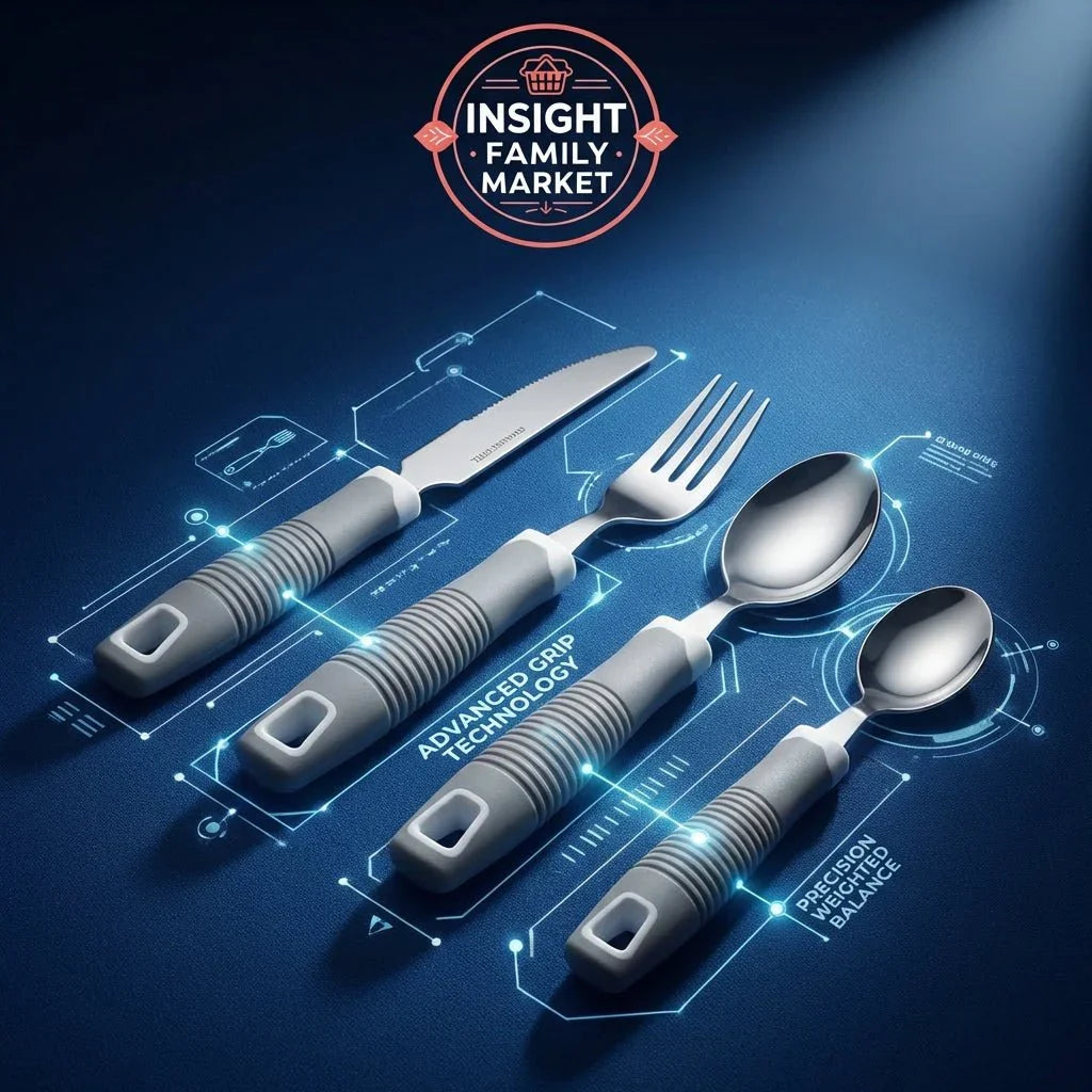 Adaptive cutlery set with ergonomic grip handles shown on a blue background, highlighting sensory-friendly, easy-grip features.
