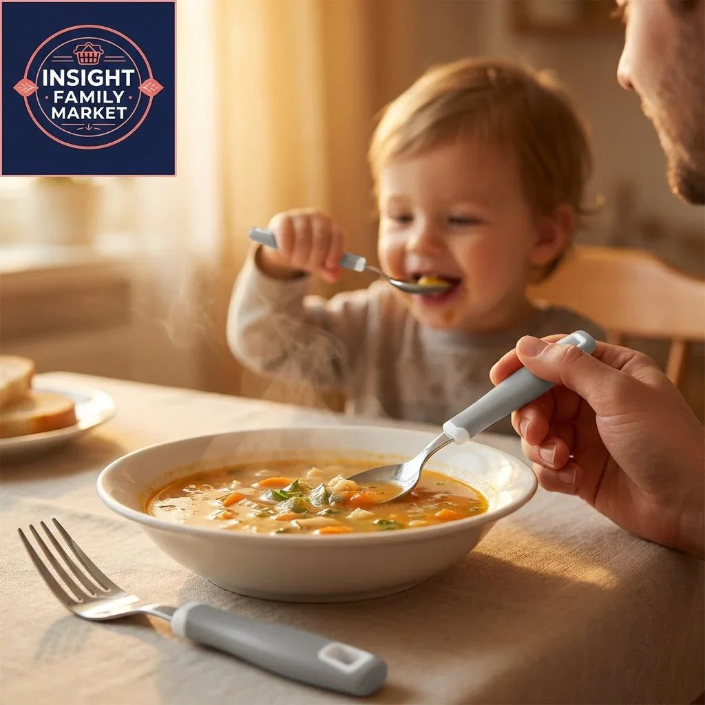 Child and adult eating soup with adaptive utensils, sensory-friendly mealtime setting.