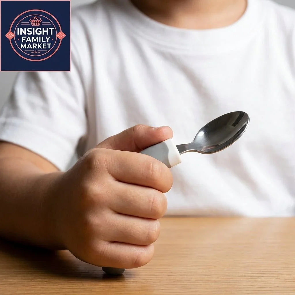 Child holding adaptive spoon with easy-grip handle at table, sensory-friendly utensil