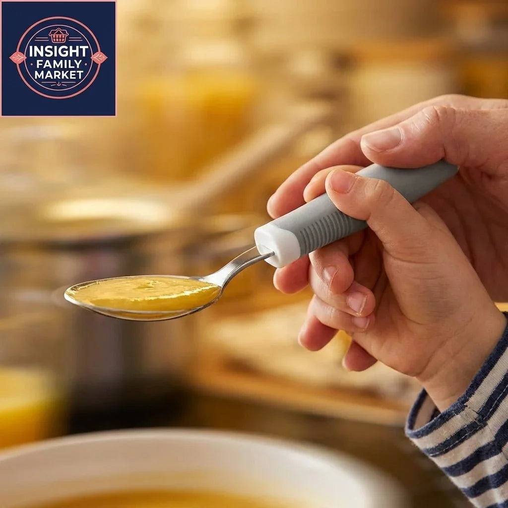 Child using adaptive spoon with textured grip to eat soup, promoting sensory-friendly dining.