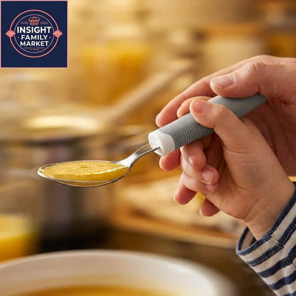 Child using adaptive spoon with textured grip to eat soup, promoting sensory-friendly dining.