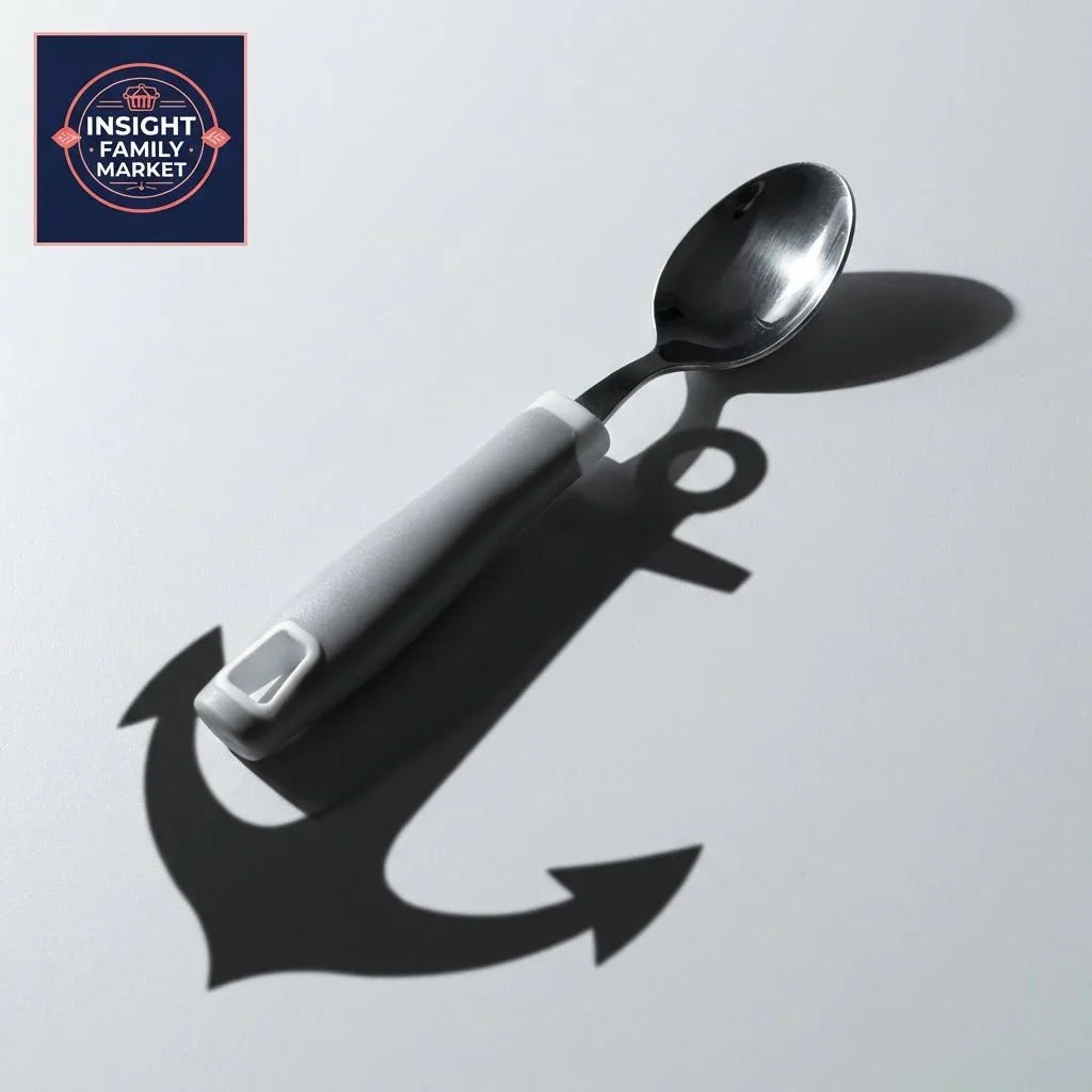 Adaptive spoon with ergonomic gray handle casting anchor-shaped shadow on white surface