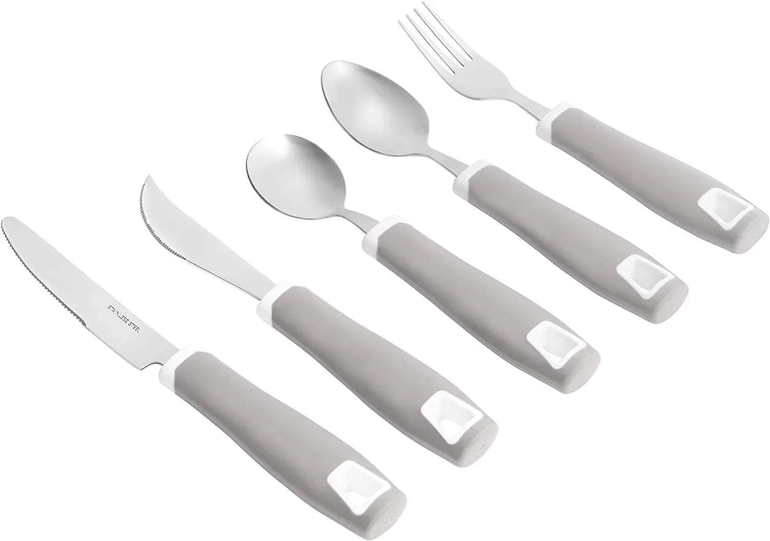 Adaptive silverware set with large gray easy-grip handles for sensory-friendly use
