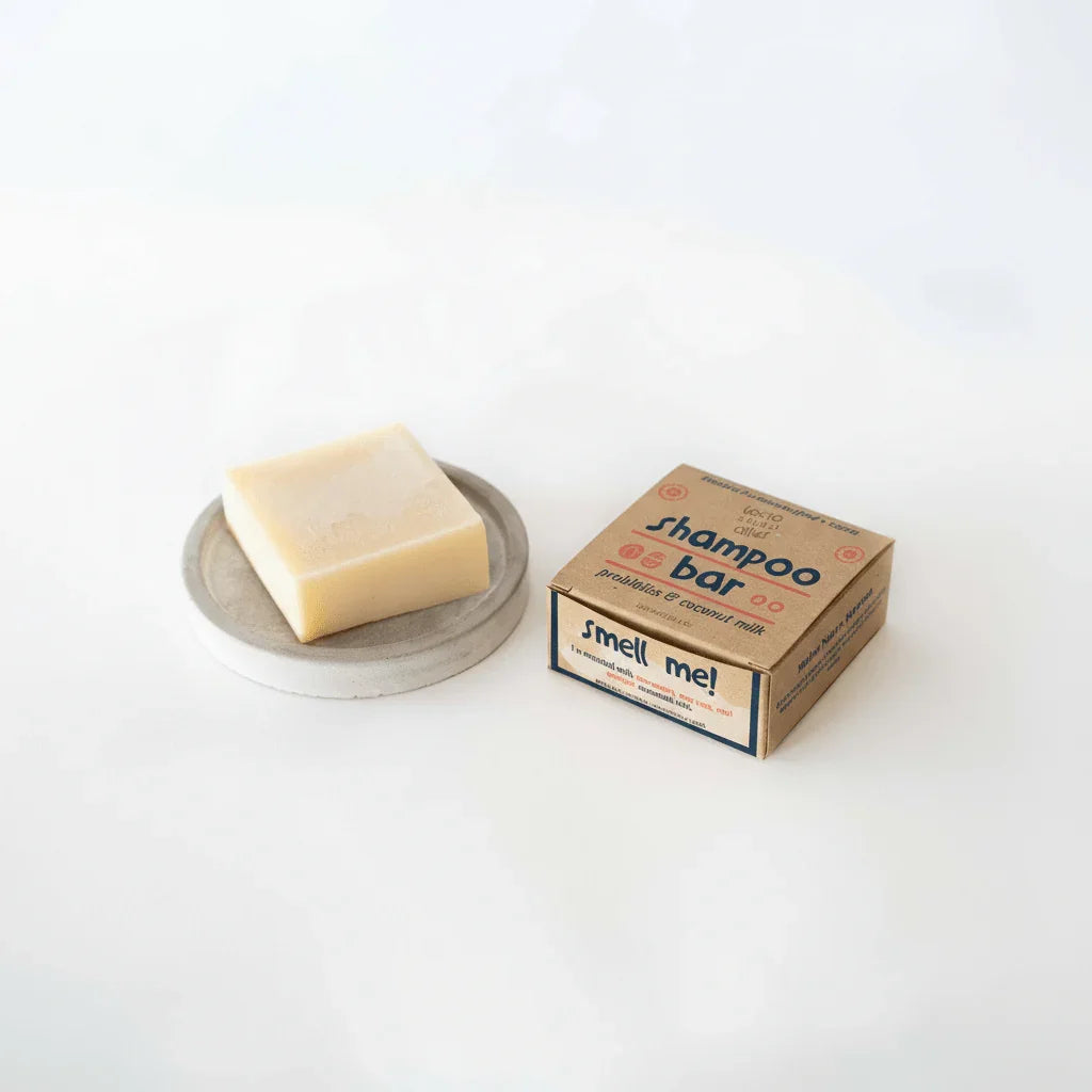 Probiotic coconut milk shampoo bar and box on white background, eco-friendly hair care