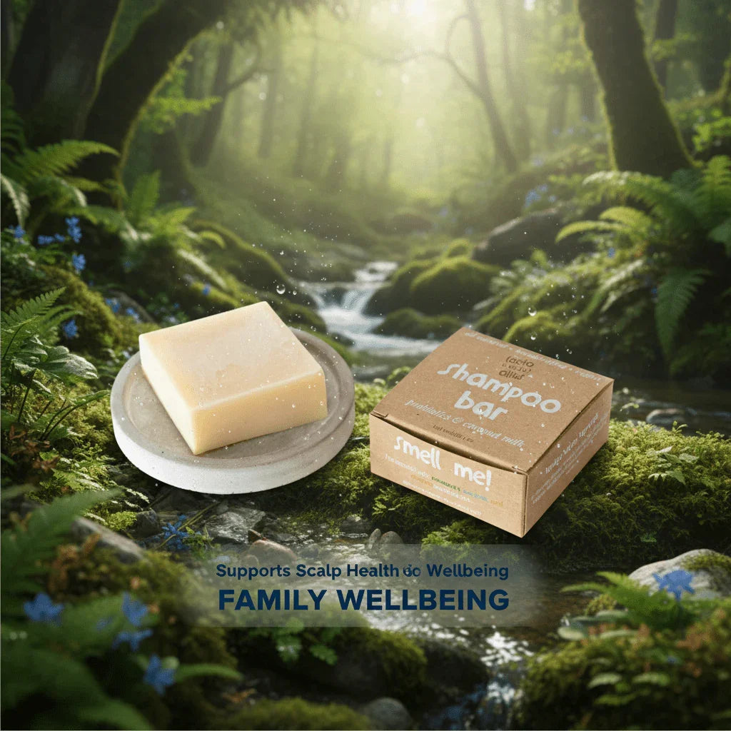 Natural shampoo bar on dish and eco-friendly packaging in lush forest setting, supports scalp health and family wellbeing.
