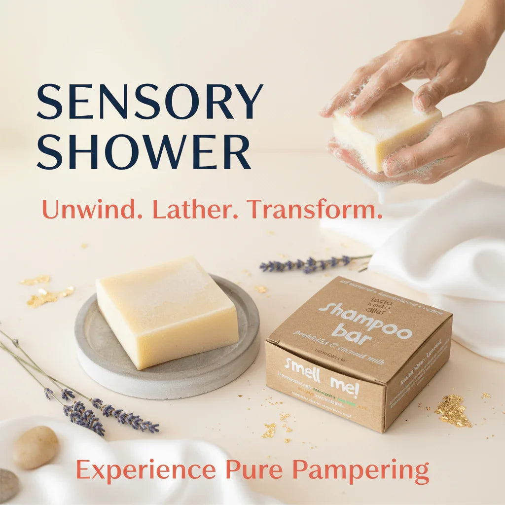 Sensory-friendly shampoo bar with person lathering, lavender and gold accents, calm spa setting