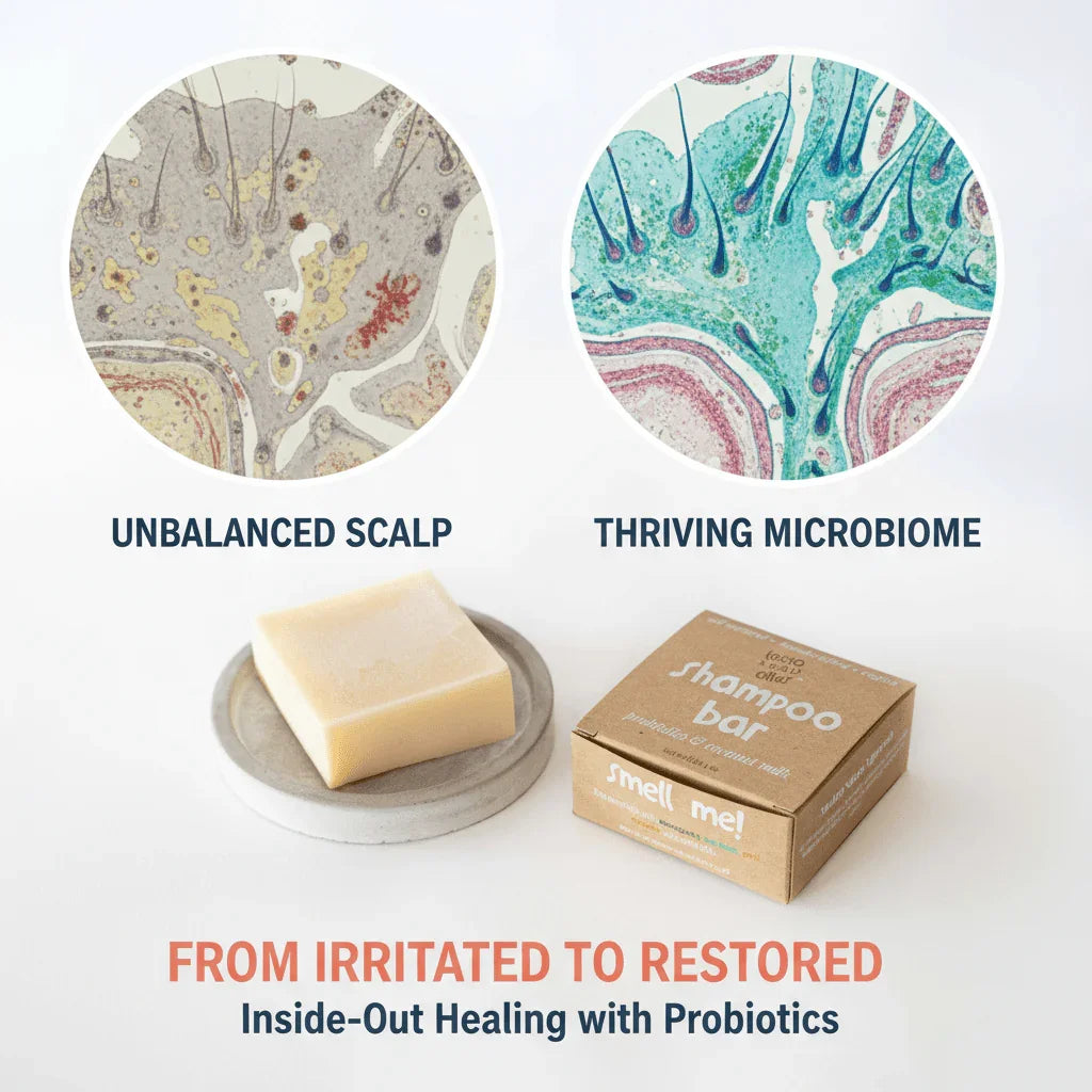 Probiotic shampoo bar with side-by-side images of unbalanced scalp and thriving microbiome