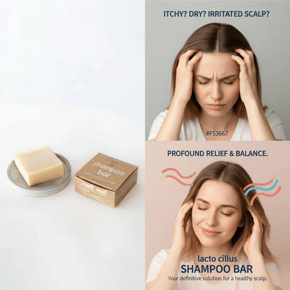 Woman with irritated scalp, then relieved using lacto cillus shampoo bar for dry, itchy scalp.